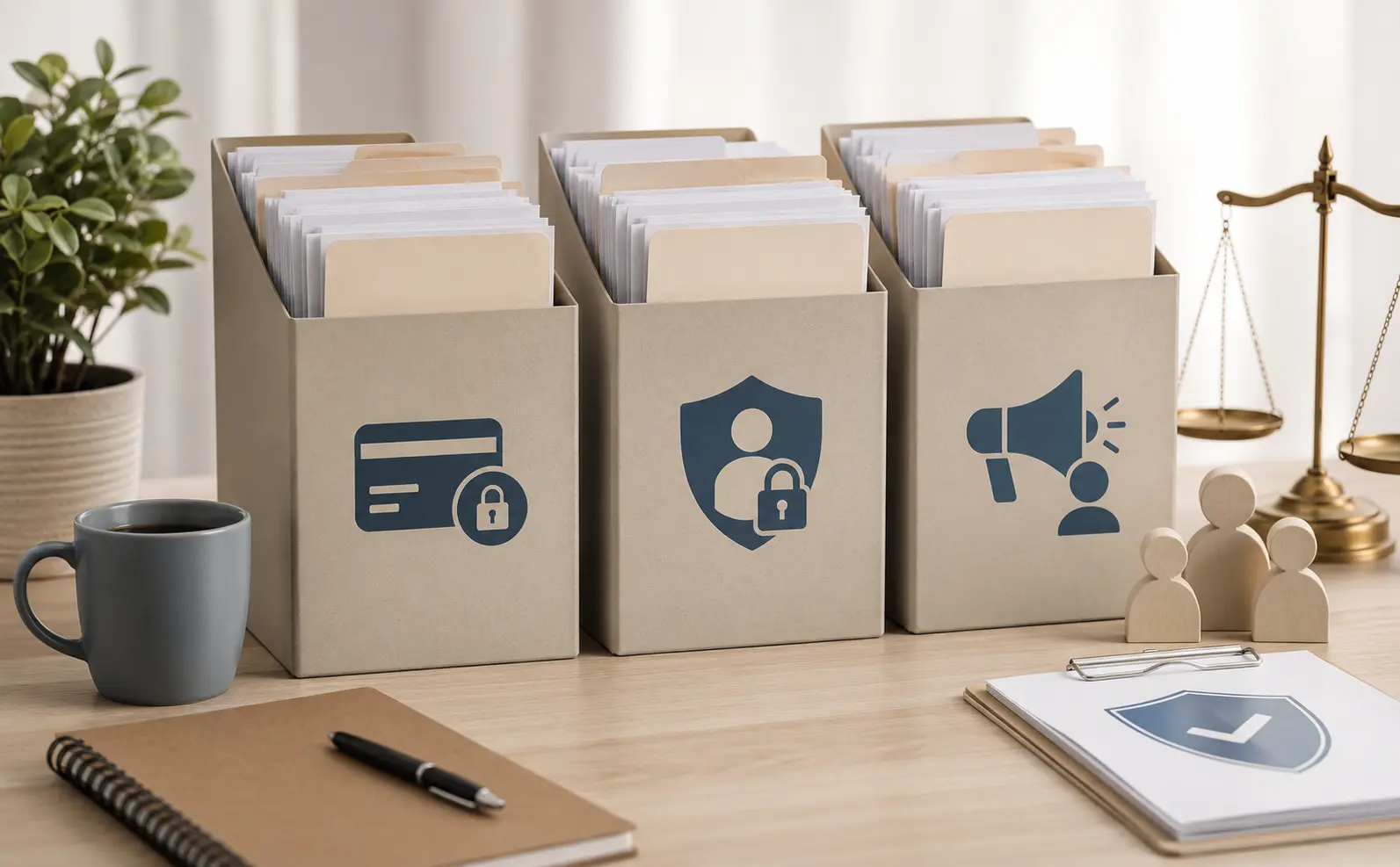 Documenti ordinati per distinguere reclami su pagamenti, privacy e comunicazioni commerciali